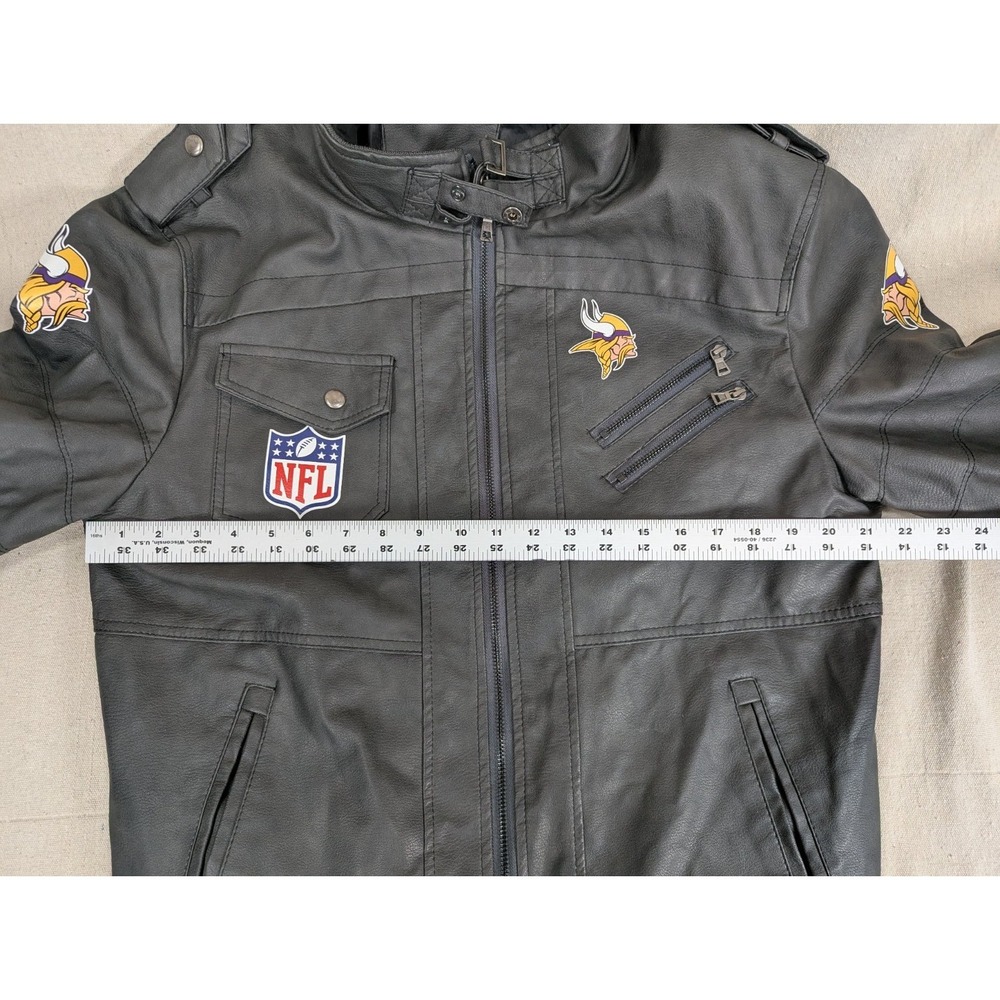 Minnesota Vikings NFL Faux Leather Moto Jacket Size Large Team Logos Zip Pockets - Picture 14 of 15
